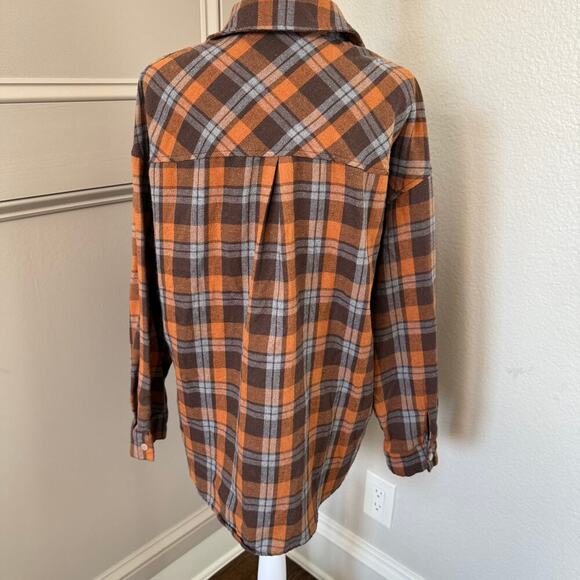 Entro Size S Flannel Snap-front Orange Brown Blue Plaid T21945 Studded Pockets - Picture 4 of 6